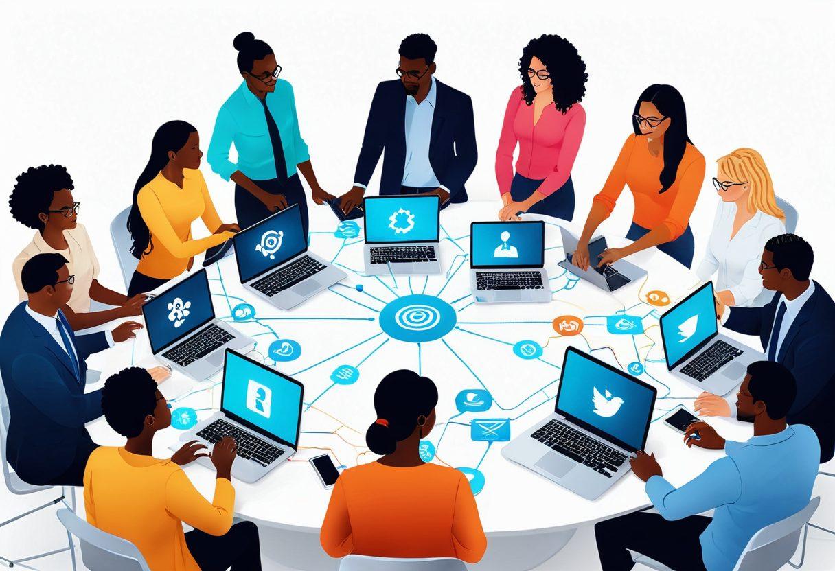A vibrant illustration of diverse individuals networking around a digital roundtable, sharing knowledge through glowing laptops and interconnected screens. The background features elements like digital connections, social media icons, and knowledge symbols like books and gears. Bright colors and dynamic energy symbolize empowerment and collaboration. super-realistic. vibrant colors. white background.