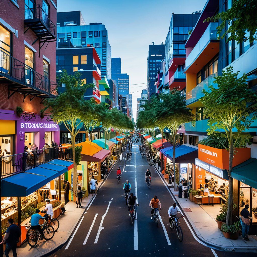 A vibrant cityscape illustrating the concept of echangisme in the sharing economy, with diverse individuals exchanging services and goods in an organized marketplace. Emphasize collaboration, inclusivity, and innovation through colorful storefronts and happy interactions. Incorporate visual elements like digital platforms, a variety of shared resources (bikes, tools, etc.), and an abundance of greenery. futuristic style. bright colors. multi-layered design.